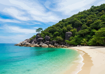 Fototapeta premium Vector art of beautiful tropical beach with turquoise water, white sand, and lush green jungle on a sunny day