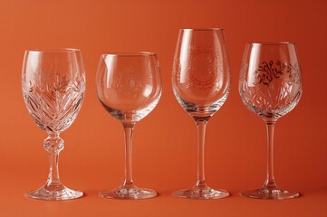 Set of four spotless wine glasses against a bright orange backdrop