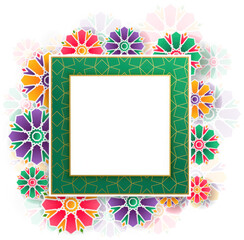 Colorful geometric floral frame with intricate patterns and a transparent background, perfect for invitations and decorations