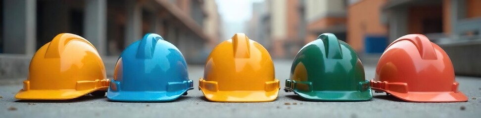 Five safety helmets of different colors neatly stacked on a construction site, demonstrating workplace safety protocols ,  red,  pile