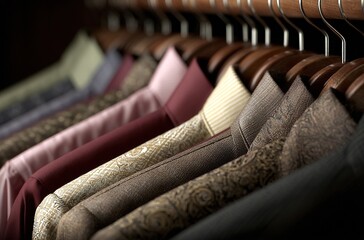 Obraz premium Organized Collection of Men's Dress Shirts in Multi-Color Palette on Wooden Hangers, Retail Display and Fashion Merchandising