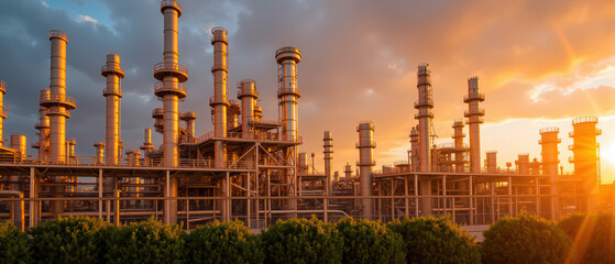 Obraz premium Industrial facility sunset smokestacks machinery energy production manufacturing urban landscape technology