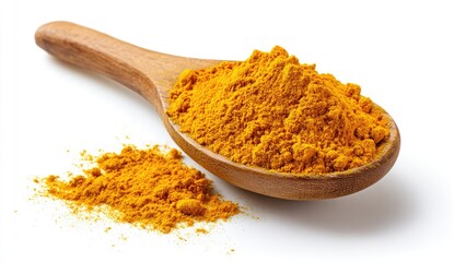 Pile of turmeric powder in a wooden spoon