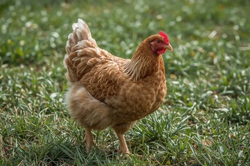Fototapeta premium Free-roaming poultry wandering naturally in a grassy field on an eco-friendly farm. Sustainable agriculture, animal welfare, and nature-focused living.