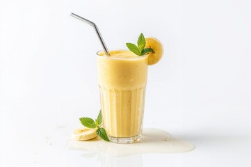 Fototapeta premium Isolated creamy banana smoothie on a white background