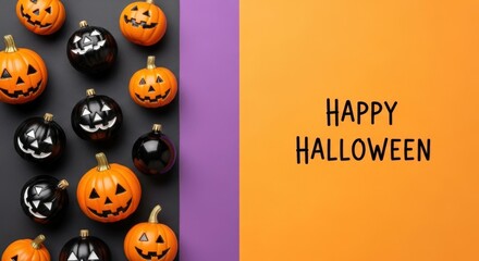 Halloween pumpkins and ornaments on a colorful background with text art