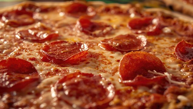 Hot pepperoni pizza fresh out of the oven, with a blurred background