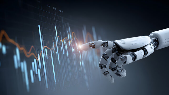 AI robot hand pointing at financial hologram chart