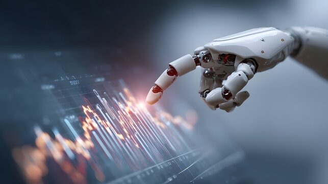 AI robot hand pointing at financial hologram chart
