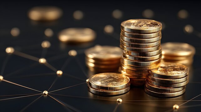 minimalist golden coin stack with blockchain overlay