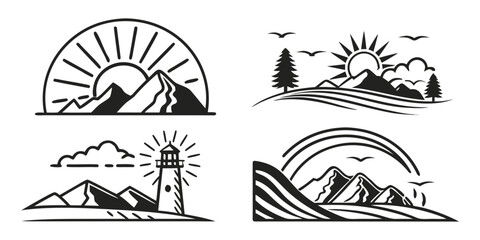 Obraz premium Stylized Mountain and Lighthouse Landscape Icons.
