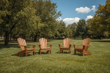 Four vacant seats on vibrant green grass surrounded by trees in a garden.