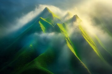 Majestic green mountains shrouded in mist under soft light during early morning hours