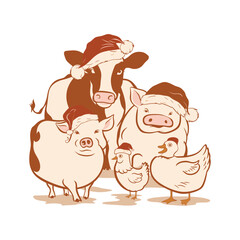 Festive Farm Animals Wearing Santa Hats &ndash; Cow, Pig, Chicken, and Duck with Snowflakes &ndash; Perfect for Holiday Apparel, Farm-Themed Christmas Decor, and Seasonal Greetings