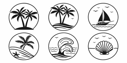 Tropical Beach and Ocean Scene Icons.