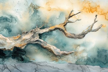 Fototapeta premium A watercolor painting of a weathered, gnarled tree branch against a teal and gold abstract background.
