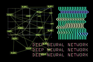 Futuristic vector illustration in neon cyberpunk style shows neural network structure with sigmoid and ReLU, geometric lines, glowing green, exploring AI theme.