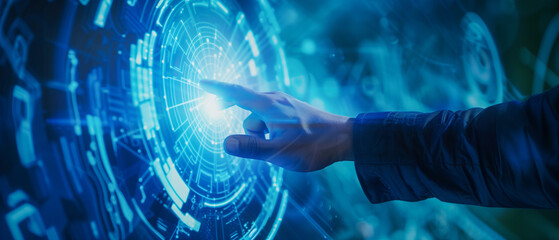 Close-up of a human hand touching a glowing digital interface with futuristic blue light, representing innovation, technology, cyber security, and virtual communication.
