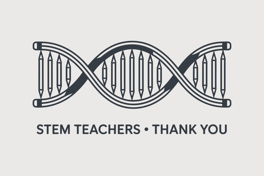 A dna strand made of pencils with stem teachers thank you text on a light gray colored background - Powered by Adobe