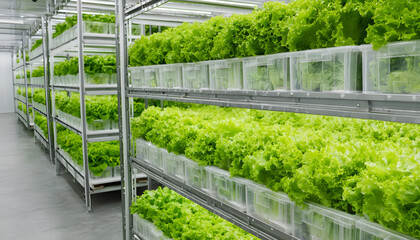 Fresh Green Lettuce Stored in Transparent Containers Inside a Warehouse with Shelves Full of Crisp Vegetables and Smooth Floors in a Bright Environment