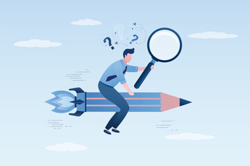 Business creativity or imagination, improvement, creative freedom. Entrepreneur uses magnifying glass for searching answers. Creative businessman riding pencil rocket