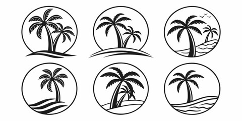 Tropical Palm Tree Beach Scene Icons Collection.