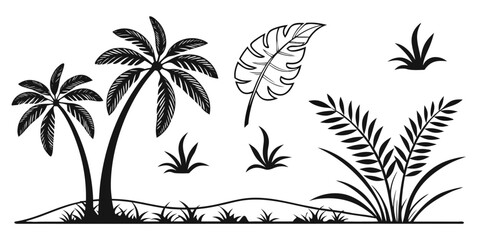 Tropical Palm Trees and Exotic Leaves Silhouette Collection.