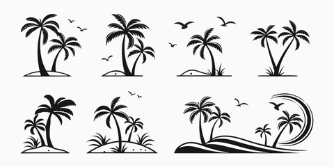 Tropical Palm Trees and Flying Birds Silhouette Collection.