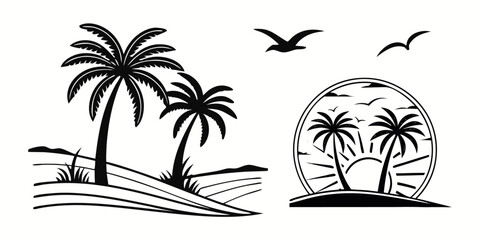 Tropical Palm Trees and Seagulls Silhouette.
