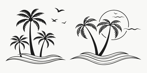 Tropical Palm Trees Silhouette on Ocean Waves.