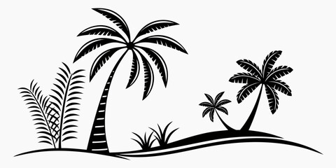 Tropical Palm Trees Silhouette on White Background.