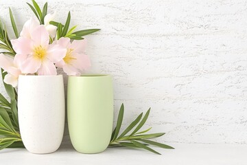 Colorful vases with pink flowers and green leaves arranged on a textured white background for a fresh decorative touch