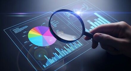 Close up of a hand holding a magnifying glass over a futuristic holographic display showing colorful pie charts and bar graphs representing data analysis and business insights