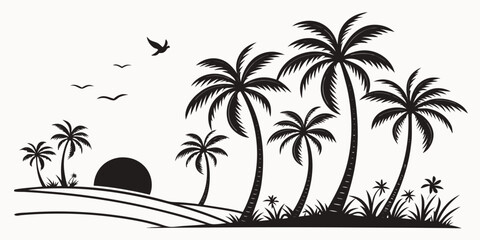 Tropical Silhouette Palm Trees Sunset Landscape.
