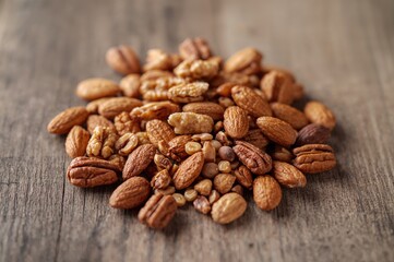 Variety of delicious nuts displayed on a wooden surface