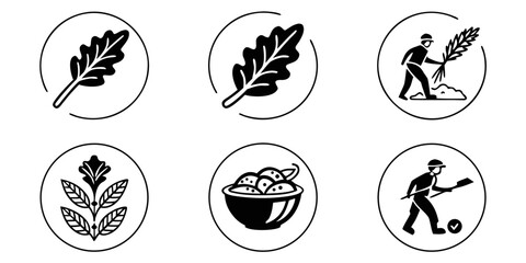 Agricultural Icons Set Featuring Leaves Farmers and Harvest.