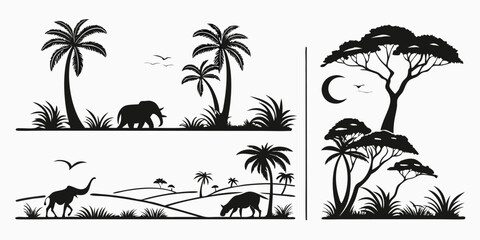 African Savannah Landscape Silhouettes with Elephants and Palm Trees.