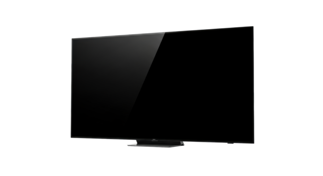 Ultra-modern, frameless, obsidian black OLED television set with a deep black screen, isolated against a transparent studio background, concept of cutting-edge technology