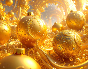 3D Rendering of a Fantastical Christmas Scene with Golden Ornaments
