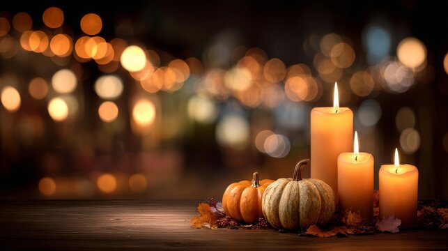 cozy autumn evening scene, candles and pumpkins glowing softly in the background blur, bokeh lights, warm tones, large empty vignette space for text in the middle, 16:9