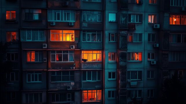 High-rise apartment building at night with glowing windows, warm indoor lights contrast with cool exterior tones.