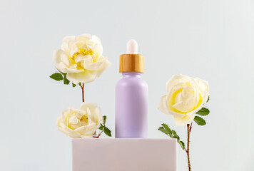 bottle of essential oil with a pipette and cream rose flowers on a white podium. The concept of skin care using natural cosmetics