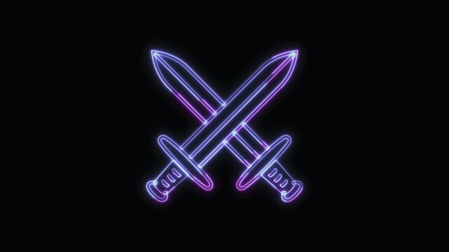  Crossed Swords Icon Neon Seamless Loop 4K with Black Background Animated Promotional Typography for Video Editing