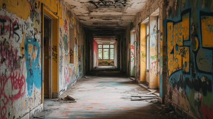 Naklejka premium Long corridor in a derelict building, covered with colorful graffiti and peeling paint, showing signs of urban decay.