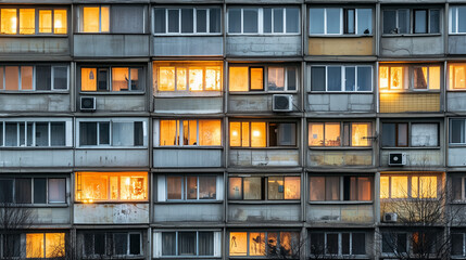 Facade of an old Soviet-era apartment block with warm lights glowing from windows during dusk, urban residential scene.