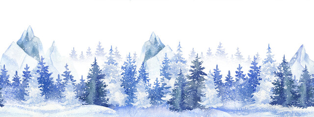 Watercolor Christmas horizontal seamless pattern with hand-drawn snowy coniferous forest on the background of mountains. New Year holiday illustration.
