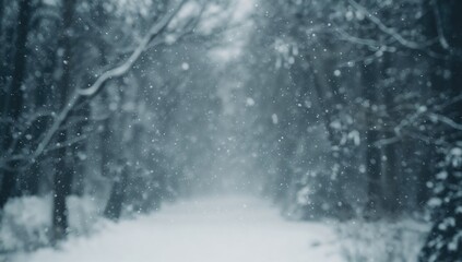 Fototapeta premium Wintery scene with snow-covered trees and festive atmosphere, featuring delicate snowflakes and a serene natural setting.