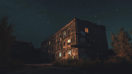 Old apartment building covered in graffiti illuminated at night with glowing windows under a clear, star-filled sky.