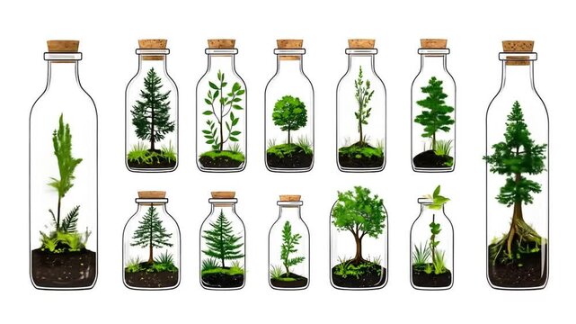 Terrariums of diverse tiny trees on white.