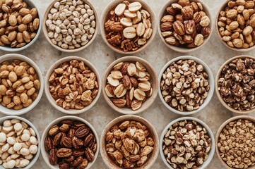 Fototapeta premium Variety of granola and nut-packed morning meals served in small dishes